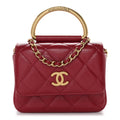 Shiny Lambskin Quilted Mini Metal Top Handle Clutch With Chain  Red