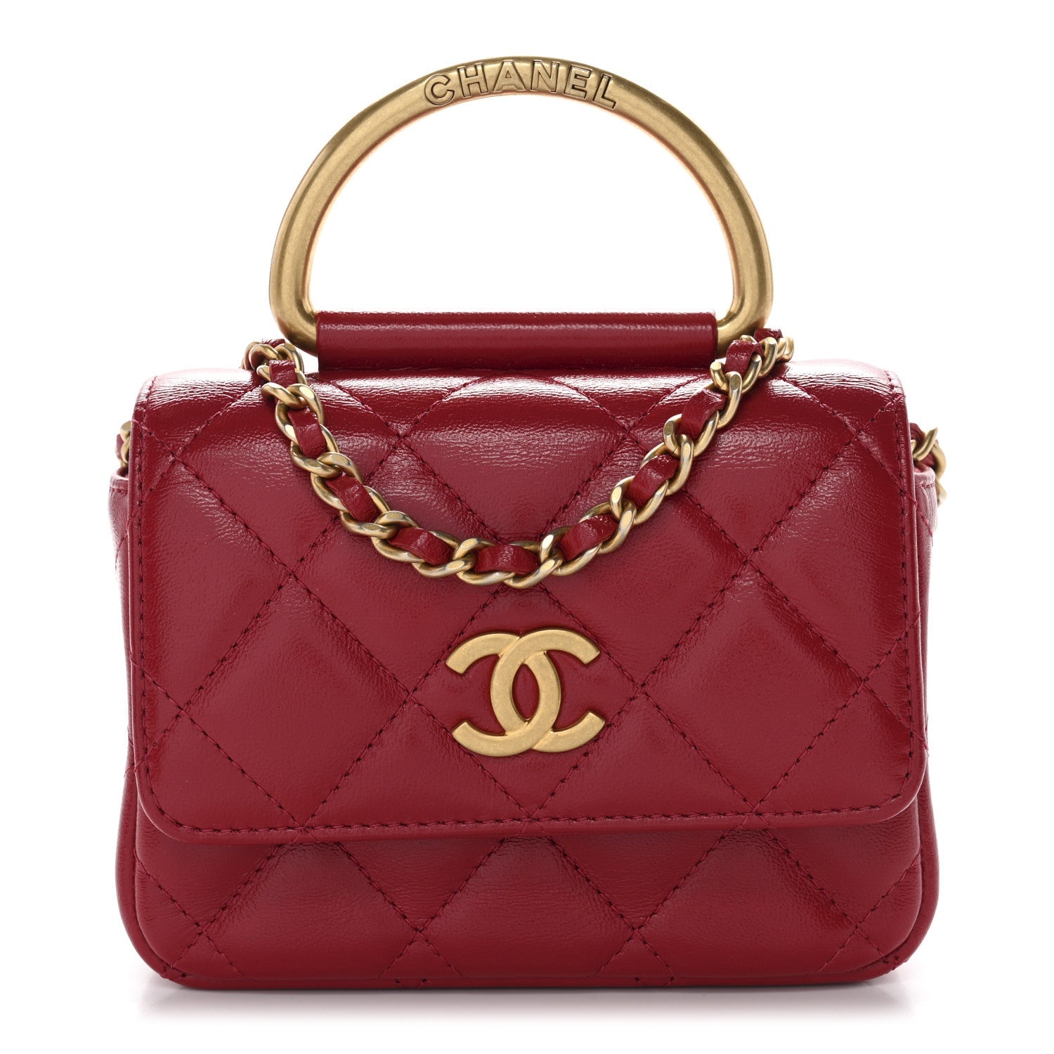 Shiny Lambskin Quilted Mini Metal Top Handle Clutch With Chain  Red