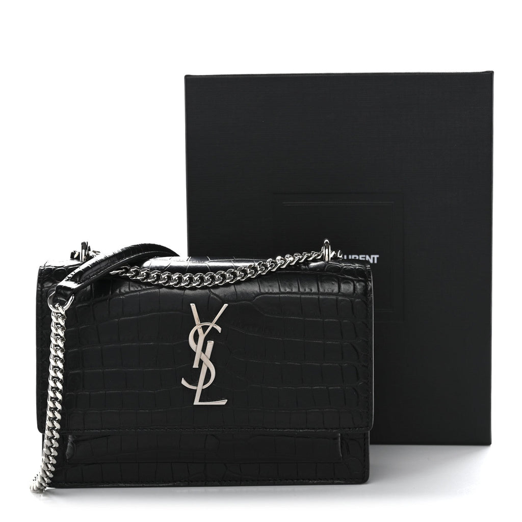 Calfskin Crocodile Embossed Monogram Sunset Chain Wallet Black