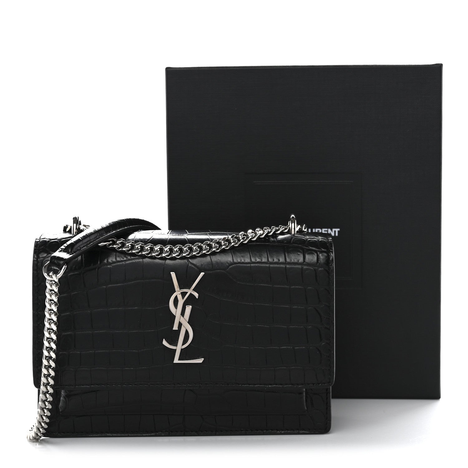 Calfskin Crocodile Embossed Monogram Sunset Chain Wallet Black