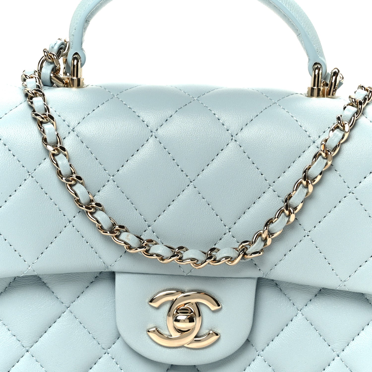 Lambskin Quilted Mini Top Handle Rectangular Flap Light Blue
