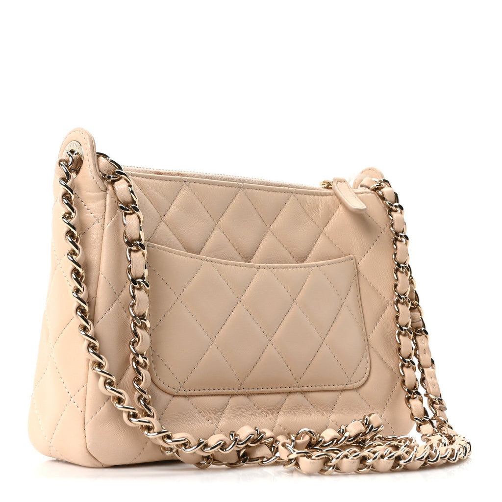 Shiny Crumpled Lambskin Quilted Small Preppy Pocket Clutch With Chain Beige