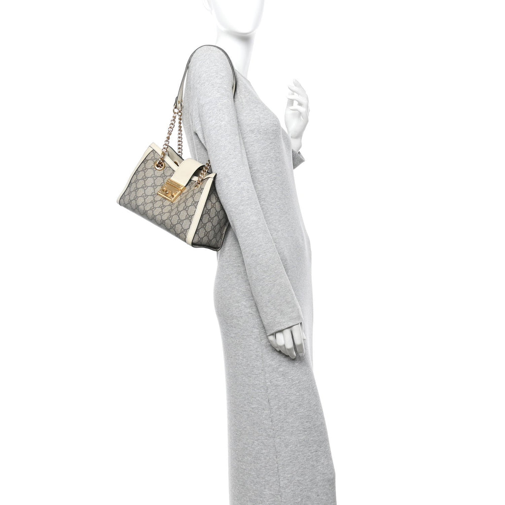 GG Supreme Monogram Moon Calfskin Small Padlock Tote Beige Ebony Mystic White