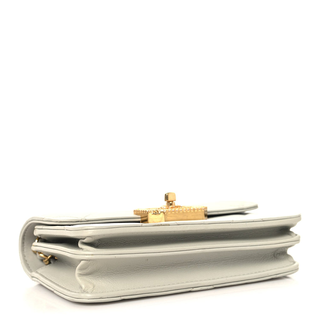 Calfskin Strass Quilted Clutch With Chain Flap Light Grey