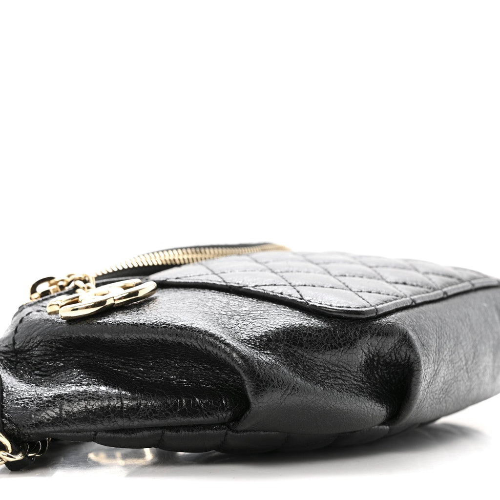 Crumpled Glazed Lambskin Quilted Waist Bag Fanny Pack Black