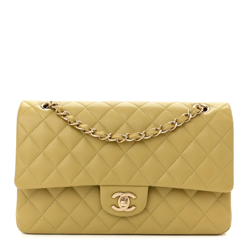 Caviar Quilted Medium Double Flap Light Green
