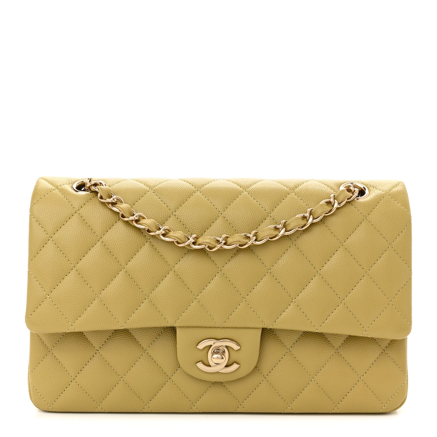 Caviar Quilted Medium Double Flap Light Green