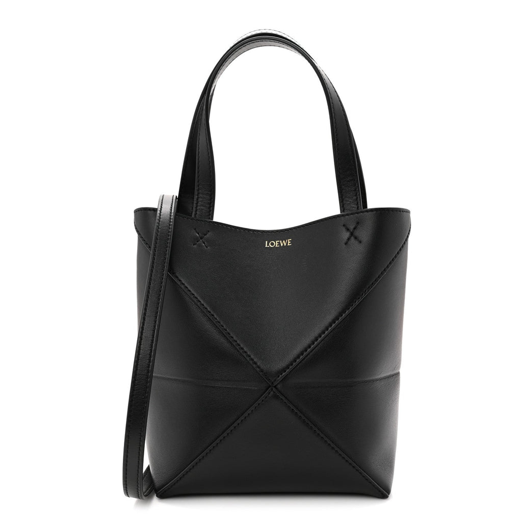 Shiny Calfskin Mini Puzzle Fold Tote Black