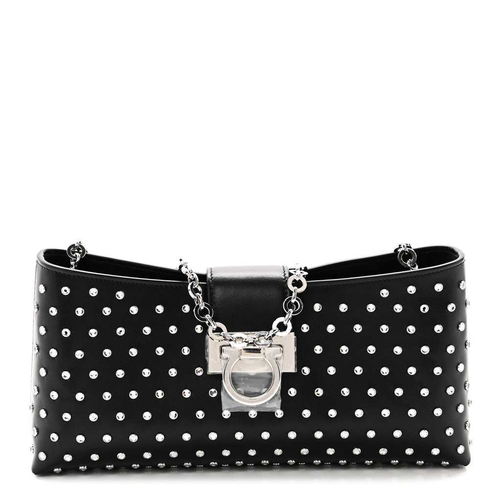 Calfskin Studded Trifolio Shoulder Bag Black