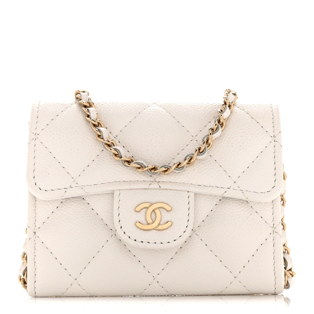 Caviar Quilted Flap  Holder On Chain White