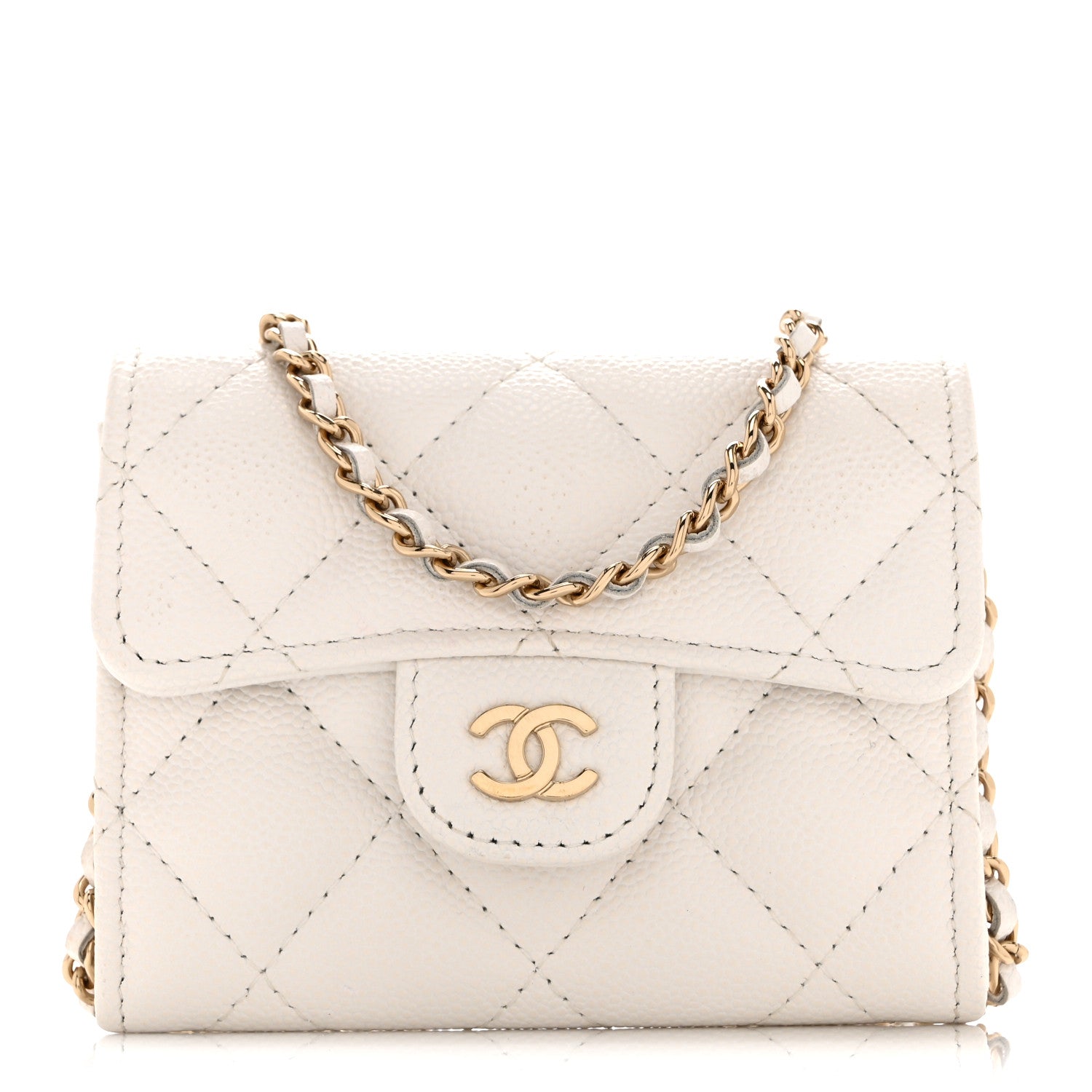 Caviar Quilted Flap  Holder On Chain White