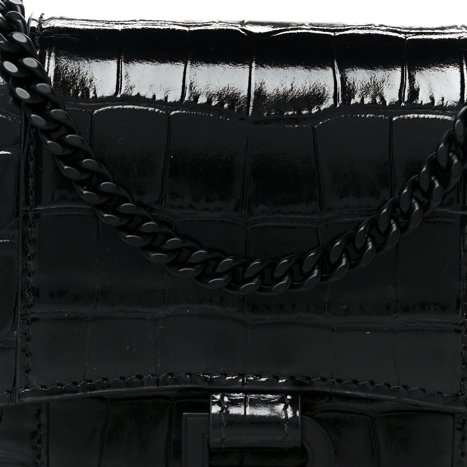 Shiny Calfskin Monochrome Crocodile Embossed Hourglass Chain Bag Black