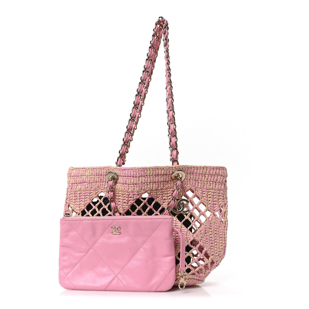 Raffia Effect Braided Small Shopping Bag Beige Pink