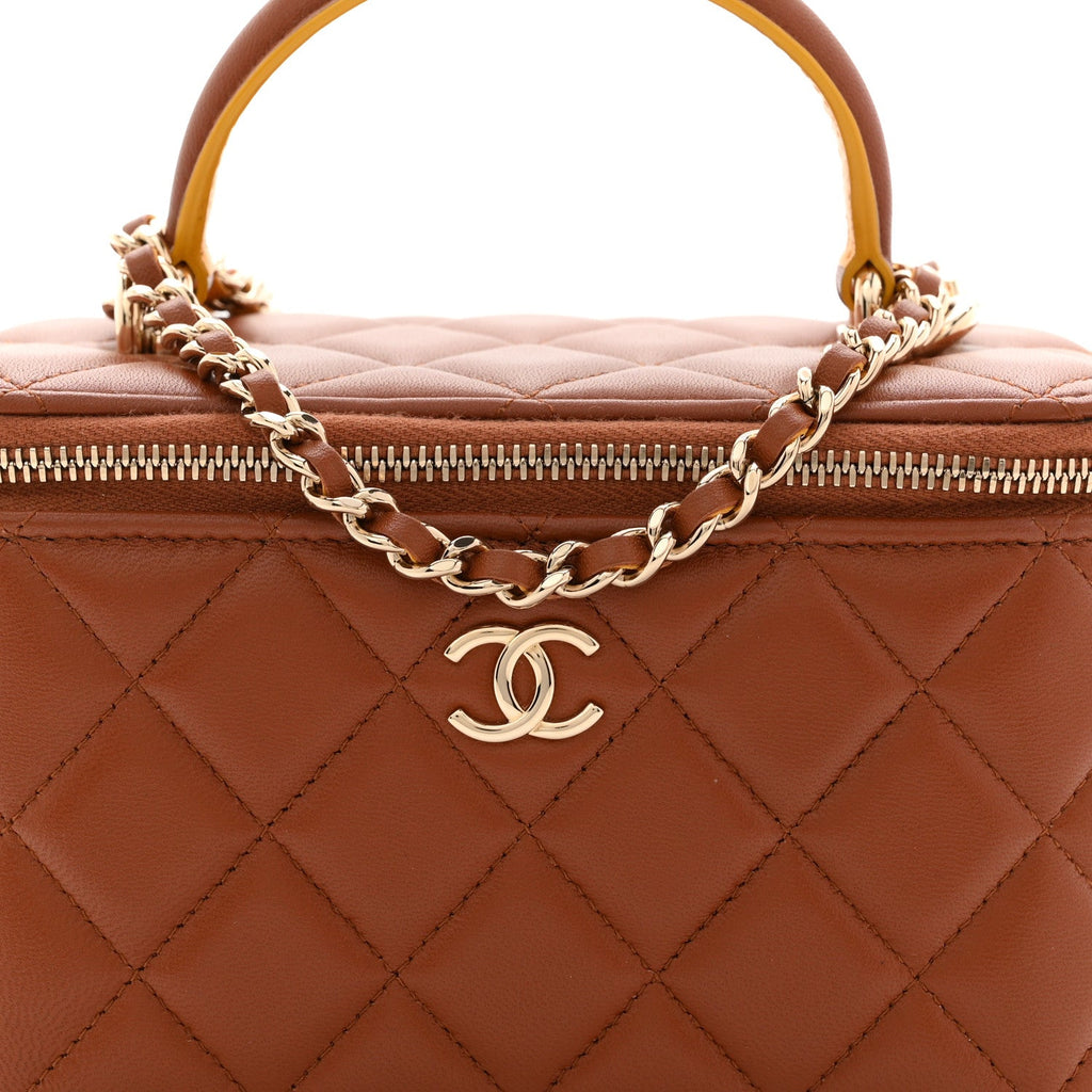 Lambskin Quilted Small Top Handle Vanity Case With Chain Light Brown Yellow