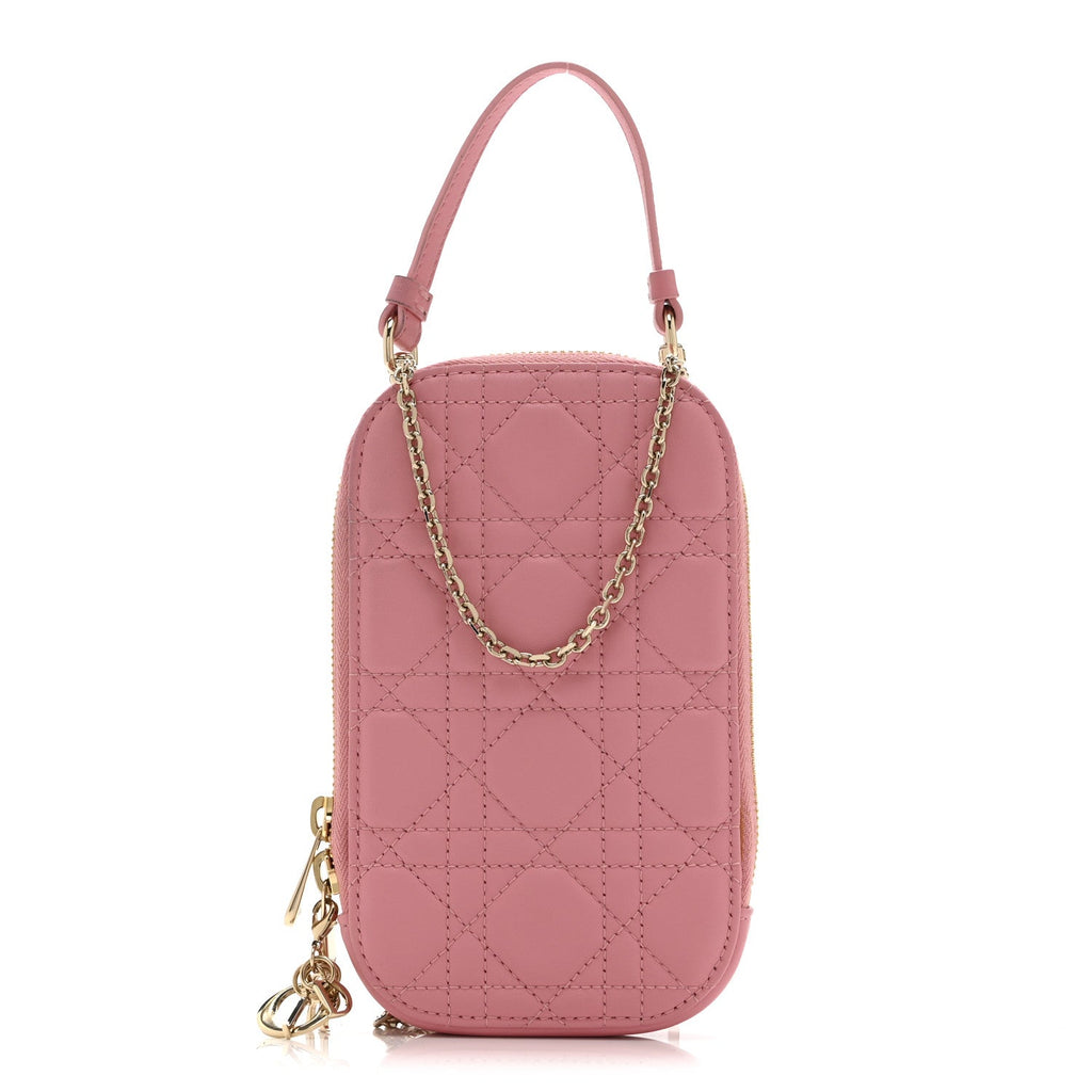 Lambskin Cannage Lady Dior Phone Holder Deep Nude