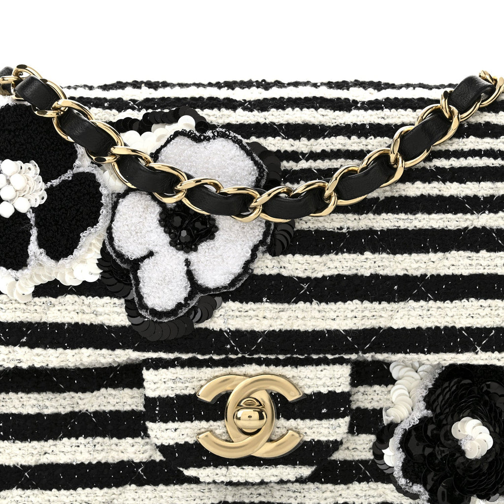 Striped Tweed Sequin Quilted Camellia Embellished Mini Rectangular Flap Ecru Black