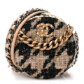 Wool Tweed Lambskin Quilted Chanel 19 Round Clutch With Chain and Coin Purse Beige Black