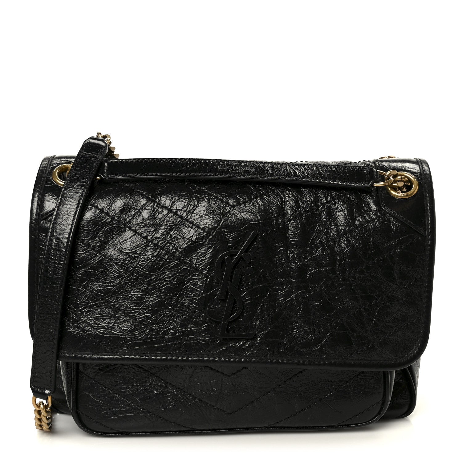 Crinkled Calfskin Matelasse Monogram Medium Niki Chain Satchel Black