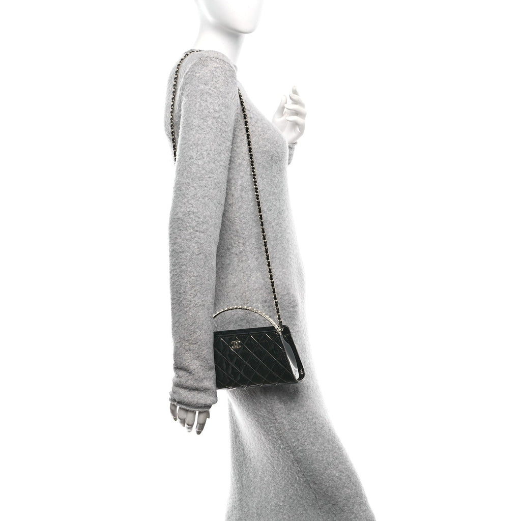 Patent Calfskin Quilted Pearl Clutch With Chain Black