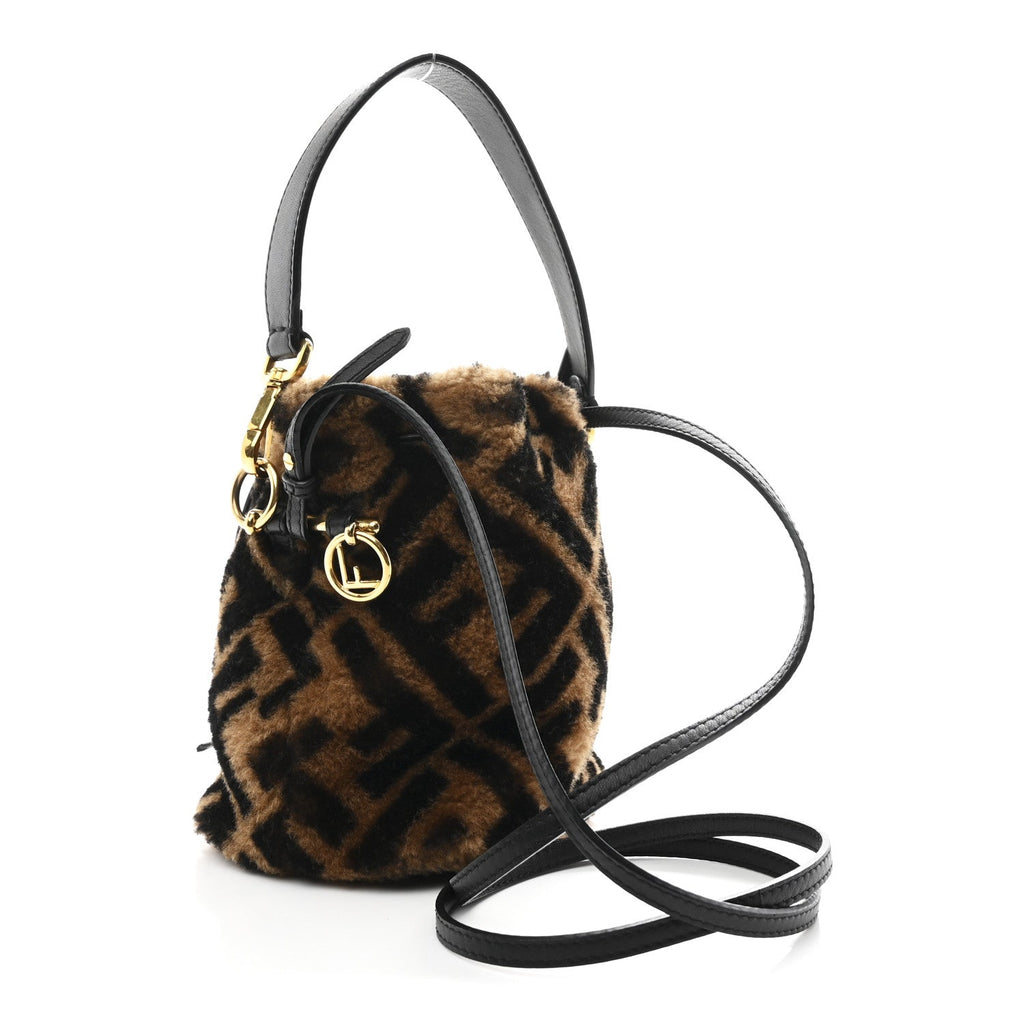 Shearling Vitello Dolce F is Fendi Macro FF 1974 Mini Mon Tresor Bucket Bag Tobacco Black