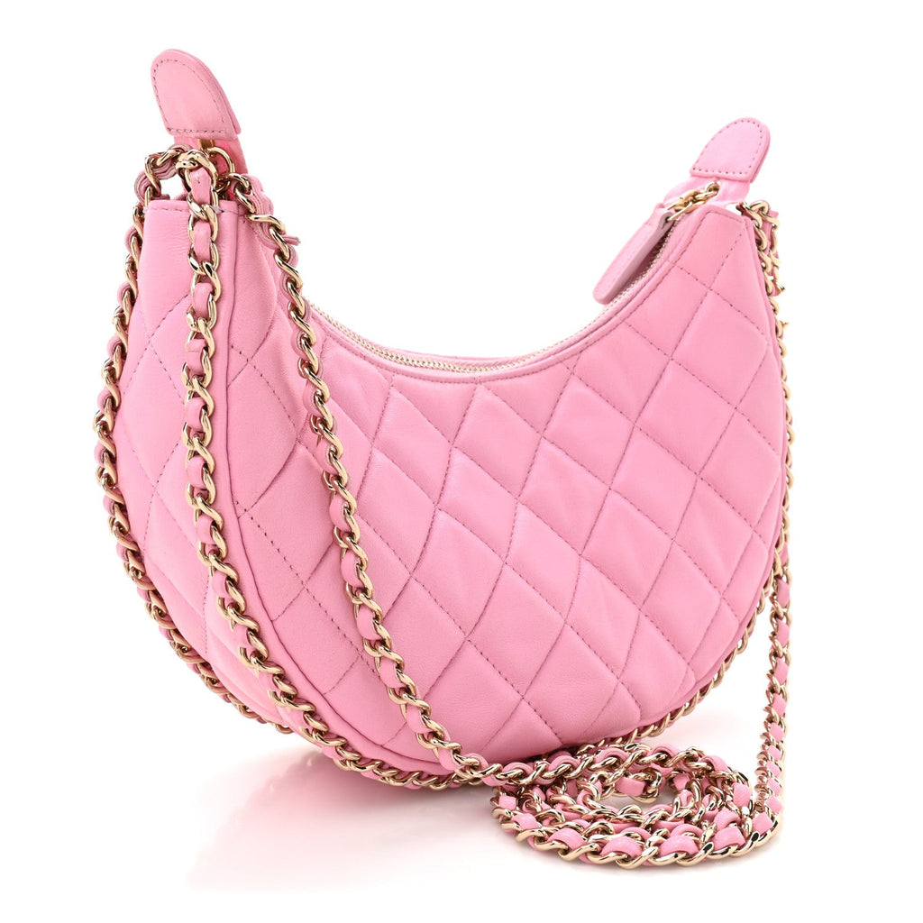 Lambskin Quilted Small Hobo Bag Pink
