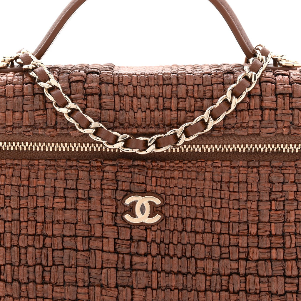 Braided Raffia Quilted Top Handle Slim Vanity With Chain Brown