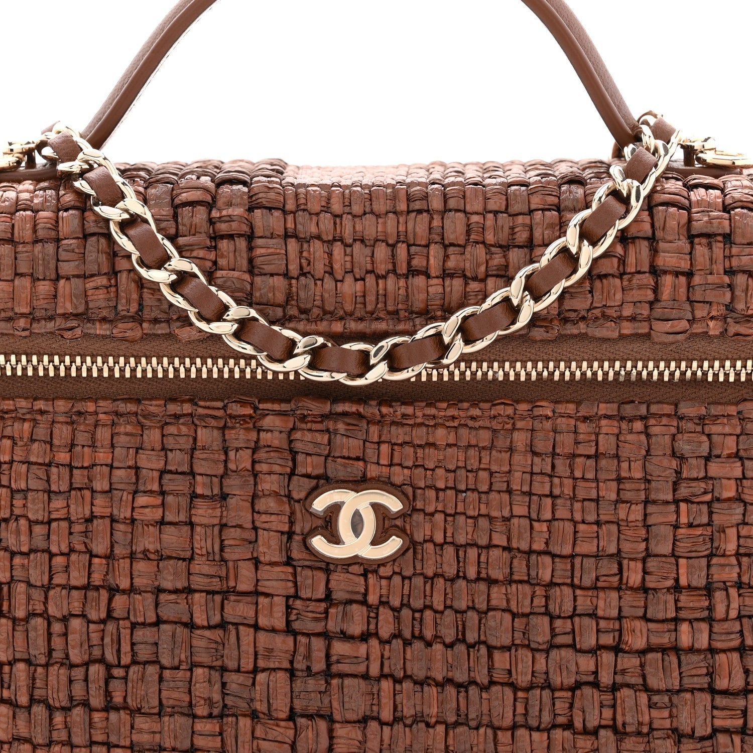 Braided Raffia Quilted Top Handle Slim Vanity With Chain Brown