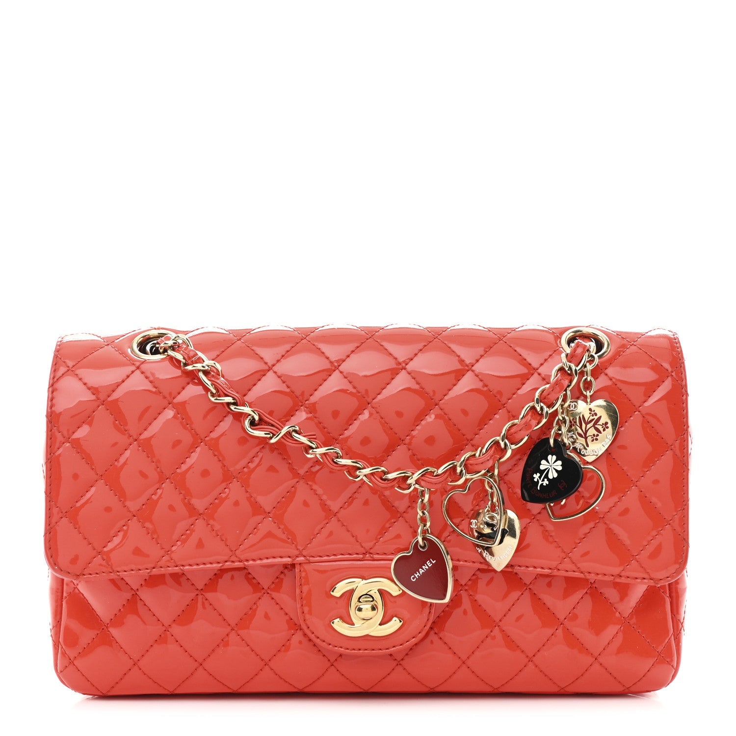 Patent Calfskin Quilted Valentine Charms Medium Single Flap Red