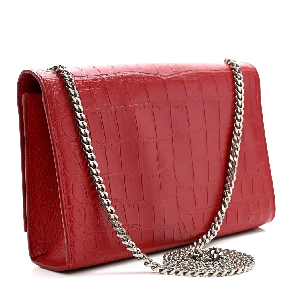 Calfskin Crocodile Embossed Medium Classic Monogram Kate Tassel Satchel New Red