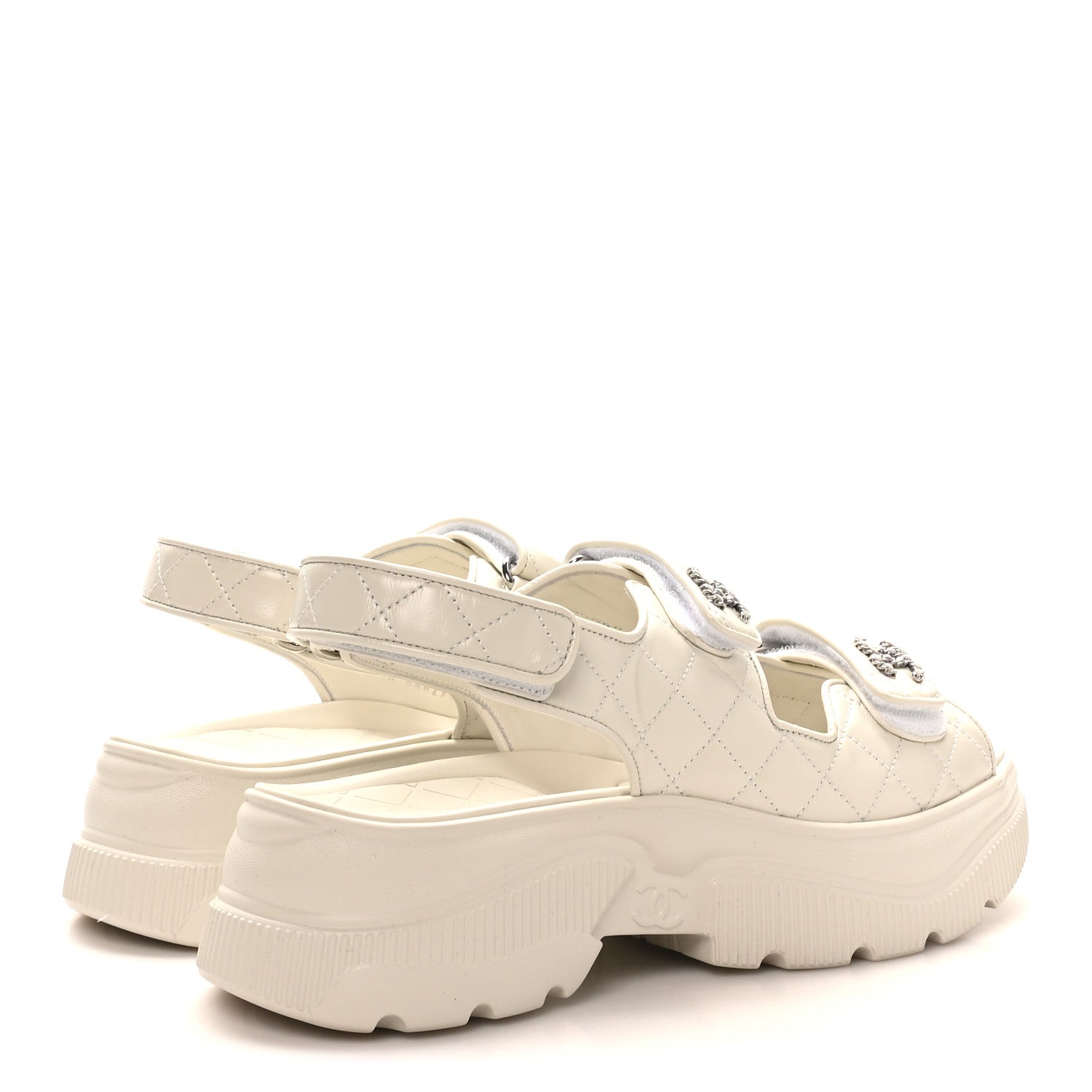 Shiny Calfskin Chain CC Velcro Dad Platform Sandals 39 White