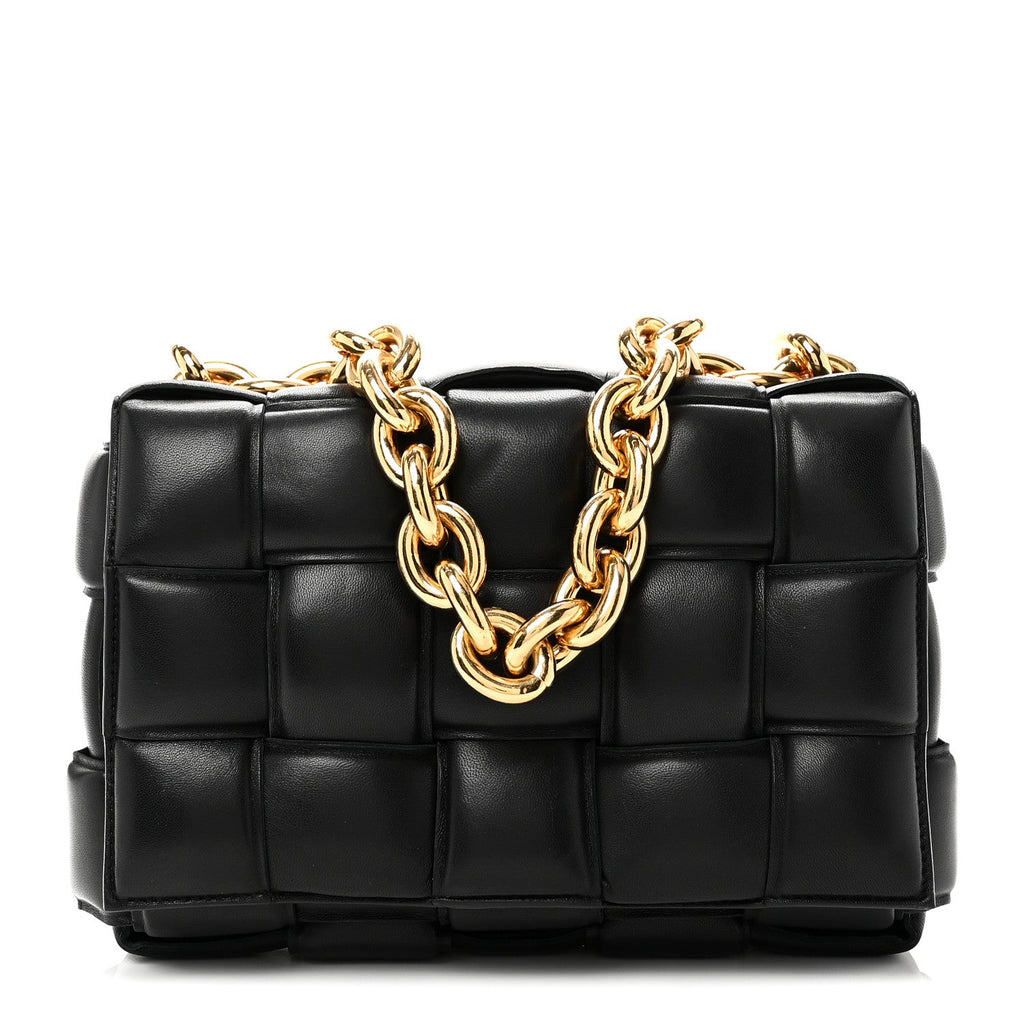 Lambskin Maxi Intreccio Padded Chain Cassette Crossbody Bag Black
