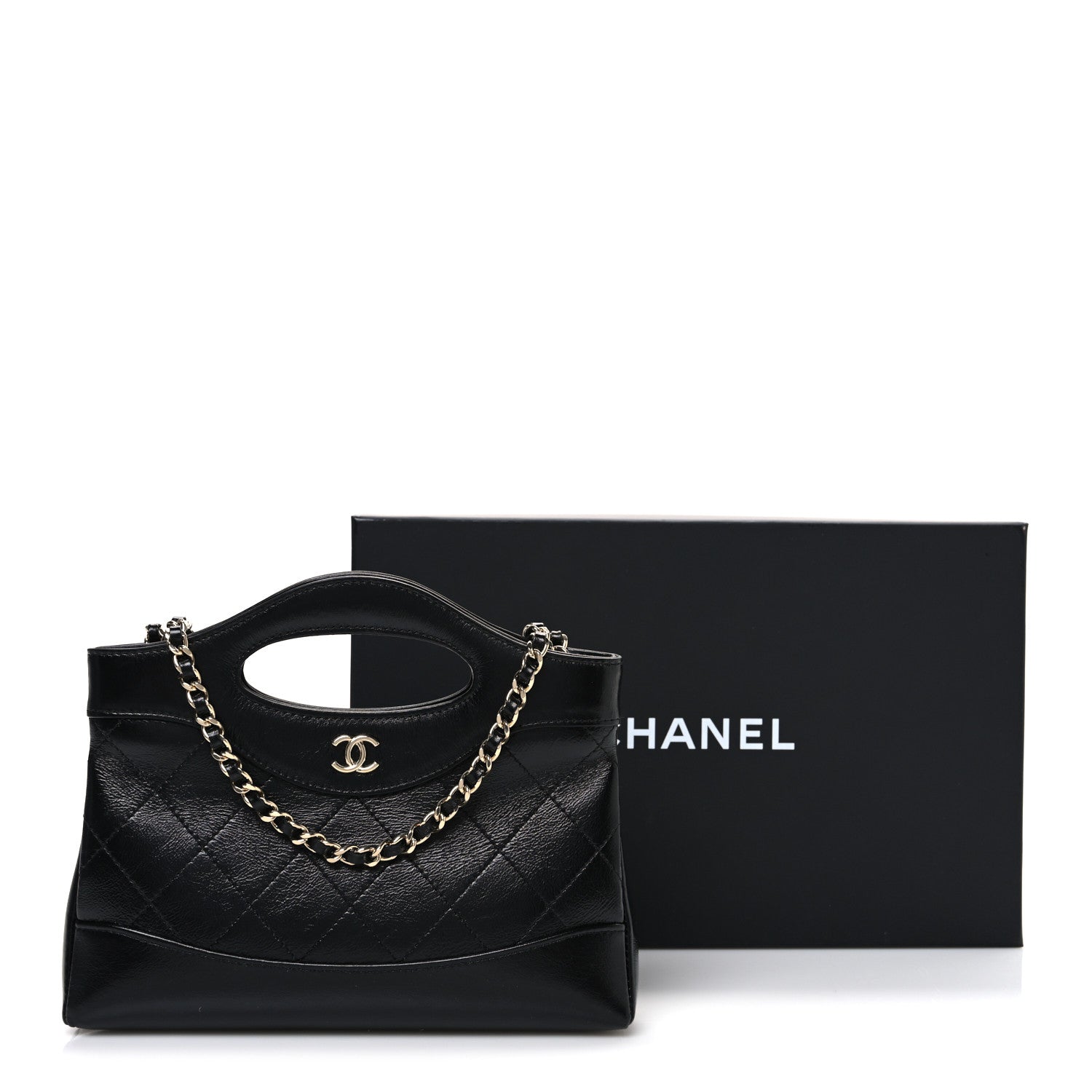 Shiny Crumpled Calfskin Quilted Nano 31 Shopping Bag Black