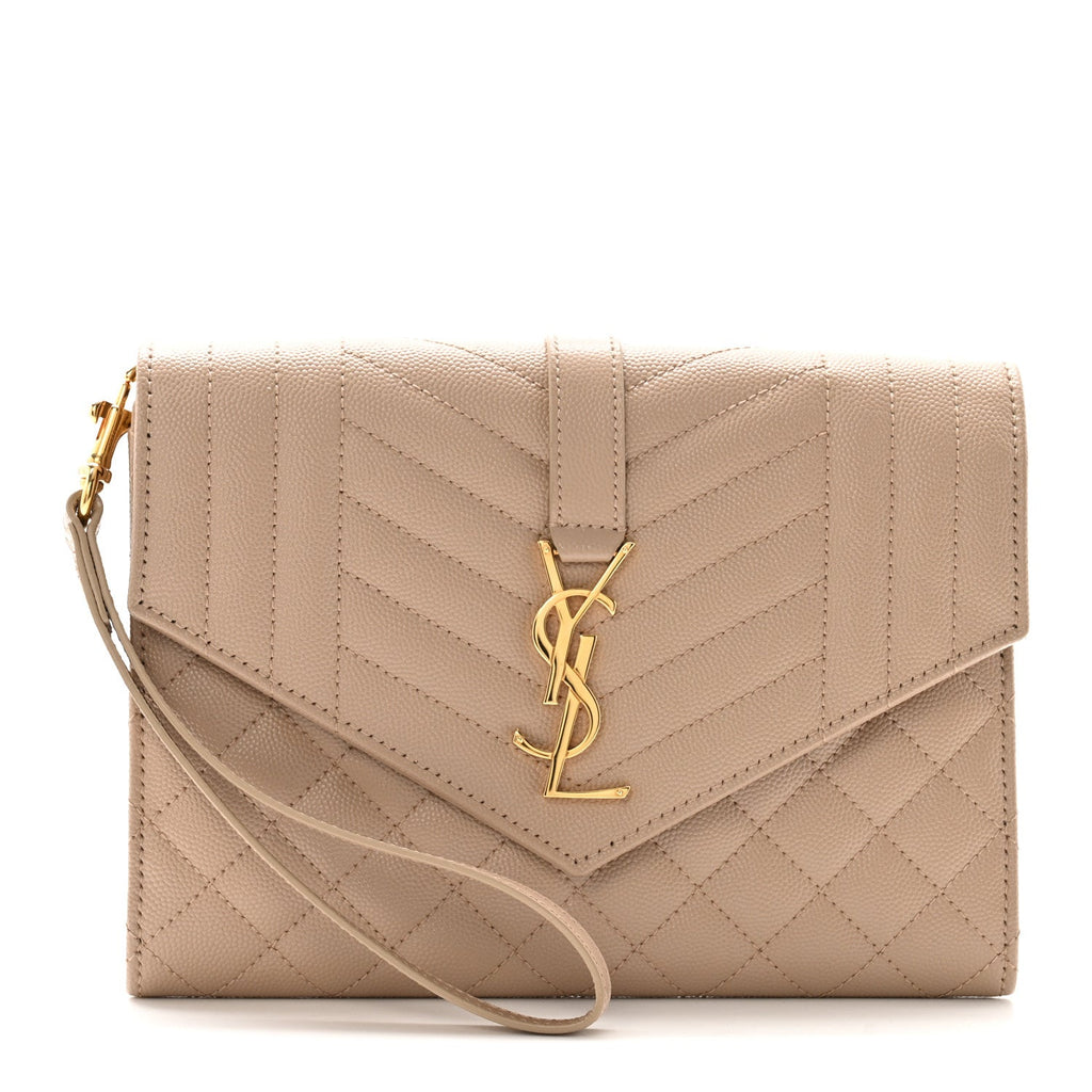 Grain De Poudre Textured Mixed Matelasse Triquilt Monogram Clutch Dark Beige