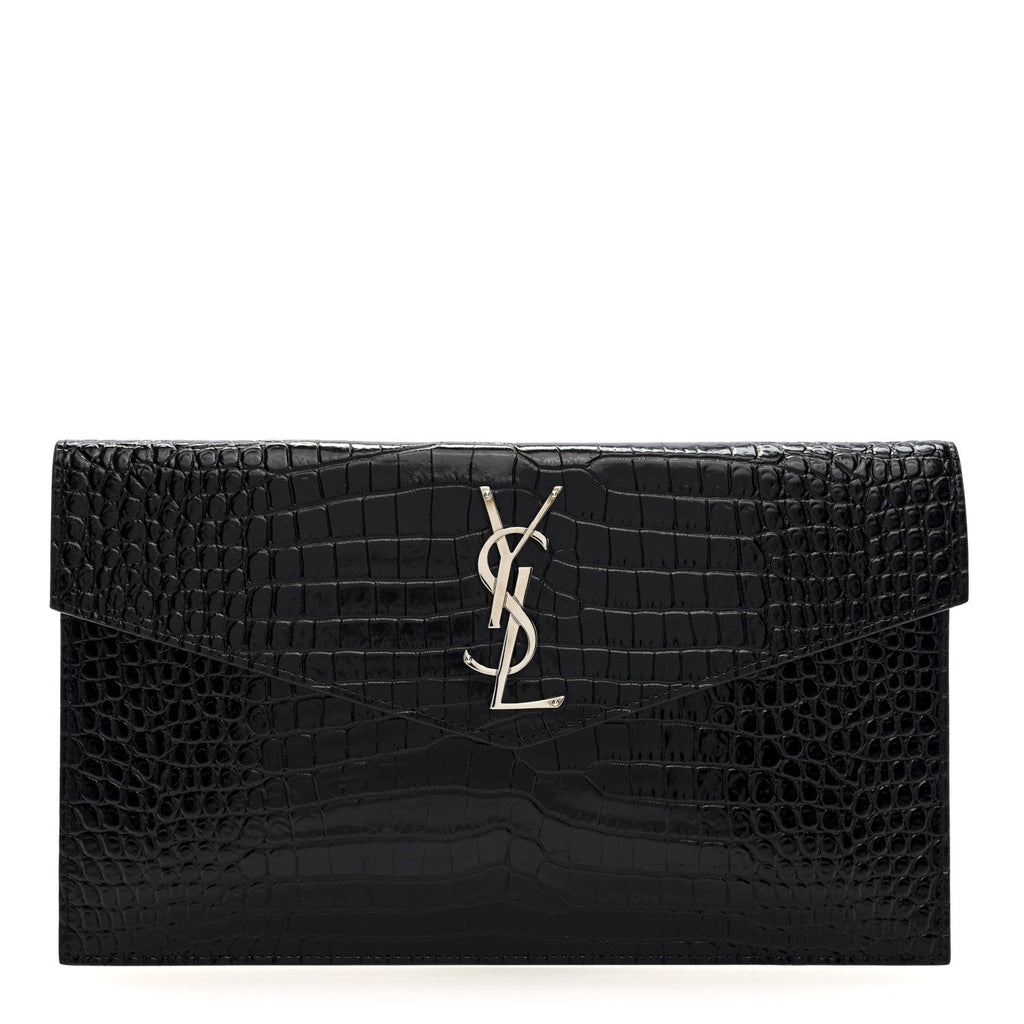 Calfskin Crocodile Embossed Uptown Monogram Pouch Black