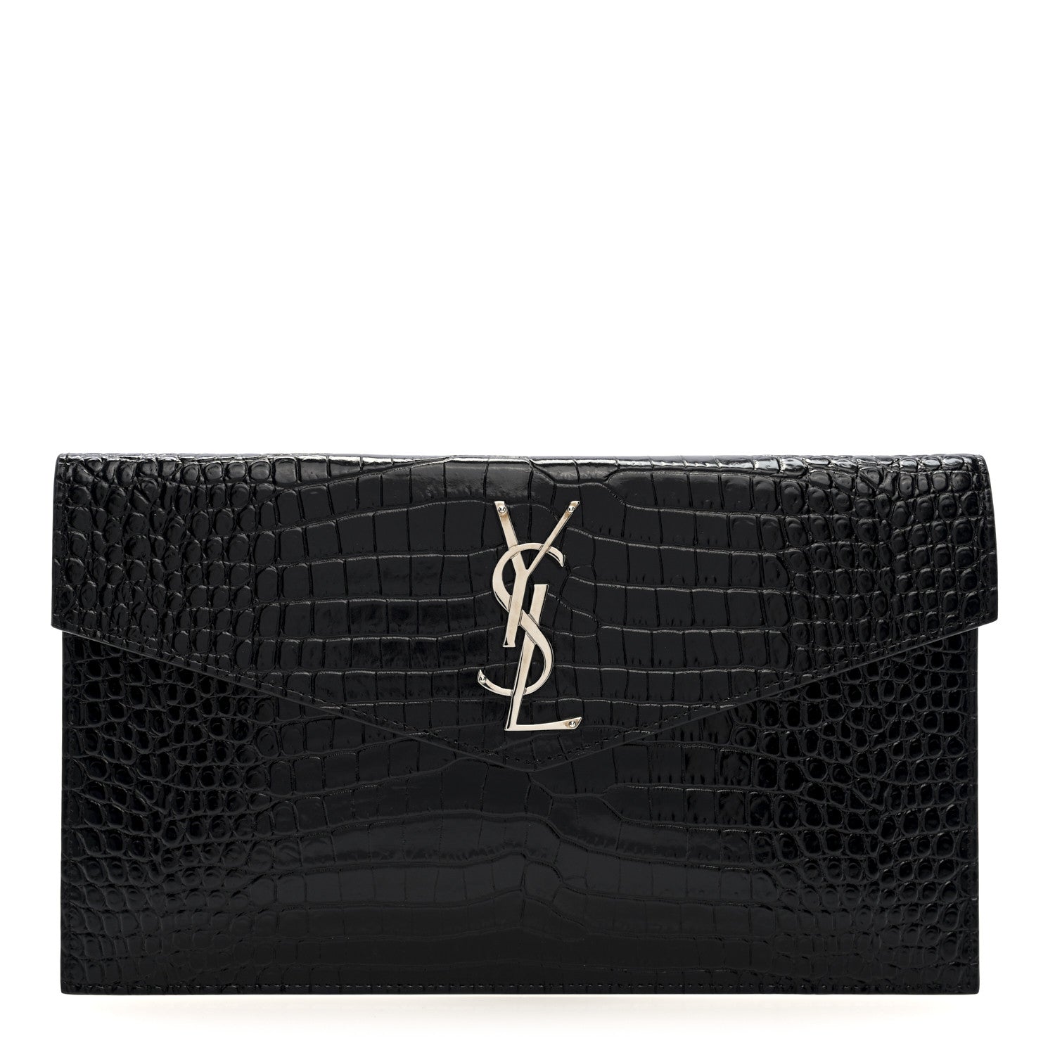 Calfskin Crocodile Embossed Uptown Monogram Pouch Black