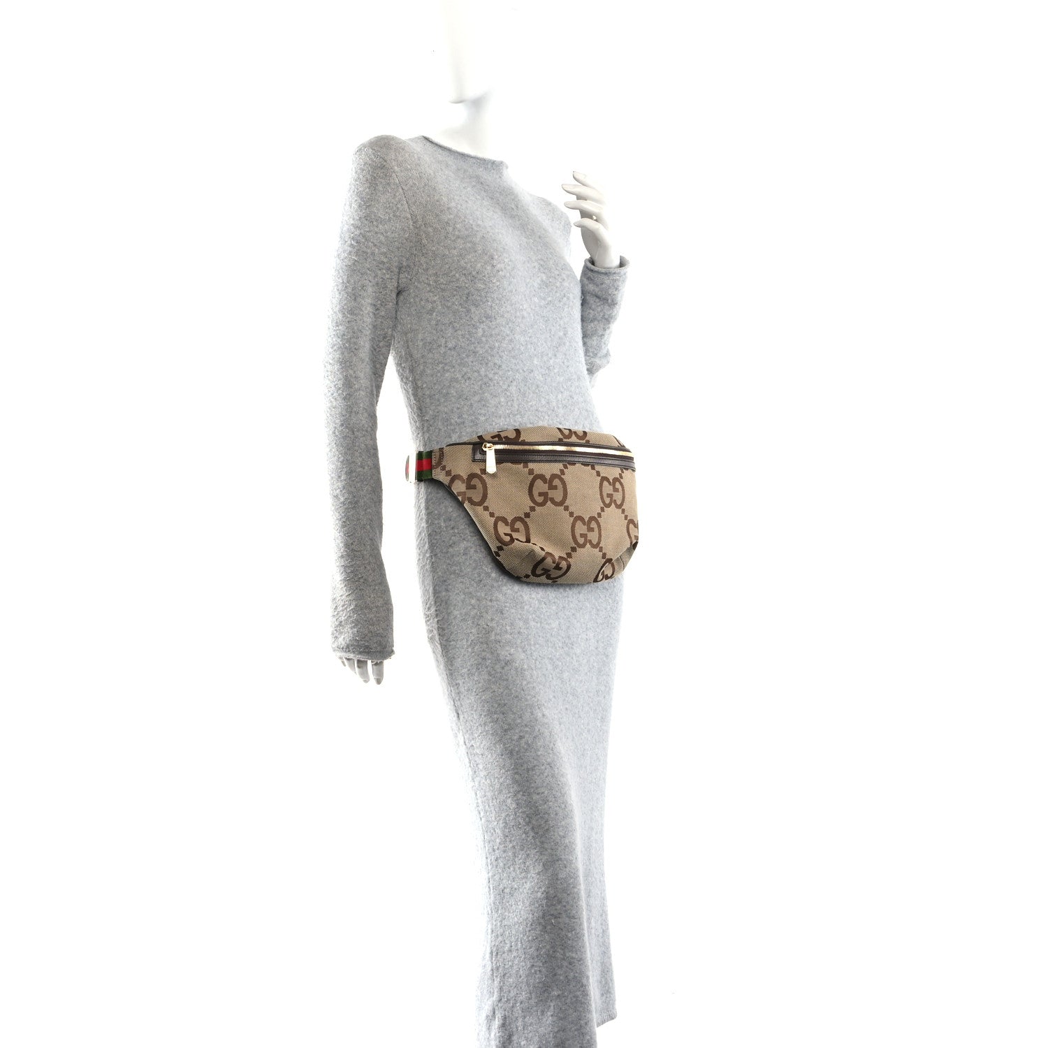 Monogram Jumbo GG Textured Dollar Calfskin Web Belt Bag Camel Ebony New Acero
