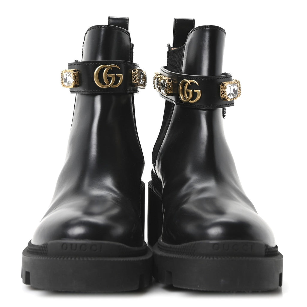 Calfskin Crystal GG Trip Chelsea Ankle Boots 35 Black