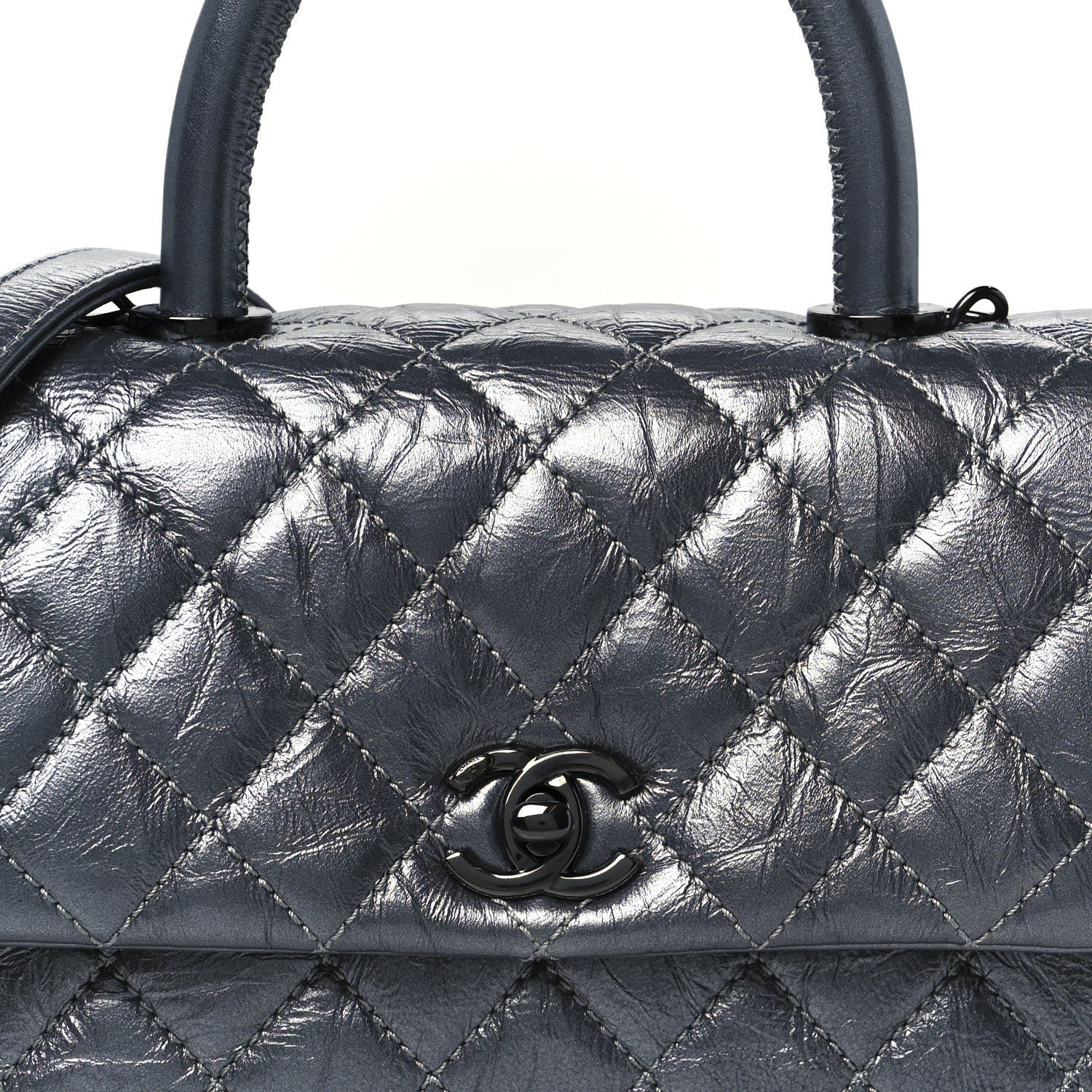 Metallic Aged Calfskin Quilted Mini Coco Handle Flap Charcoal