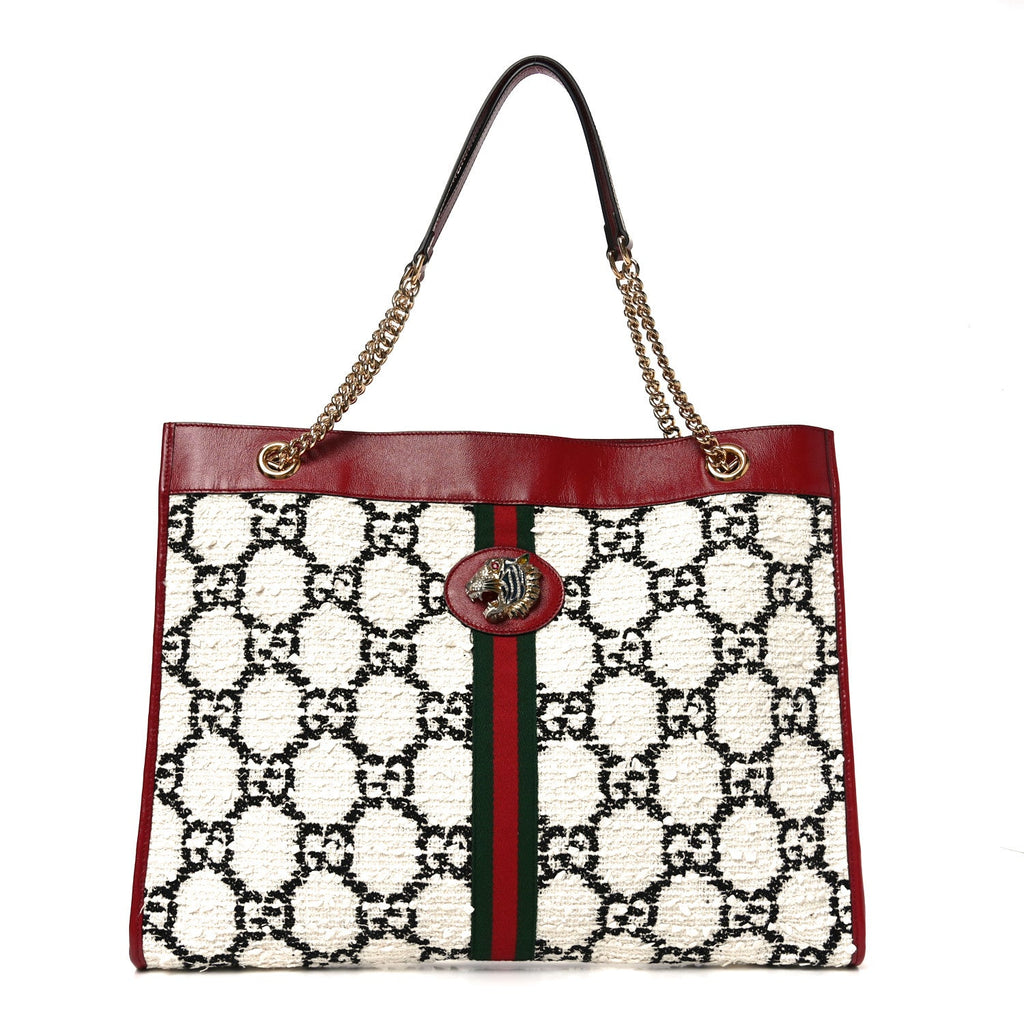 Tweed GG Monogram Large Rajah Chain Tote White Black Romantic Cherry