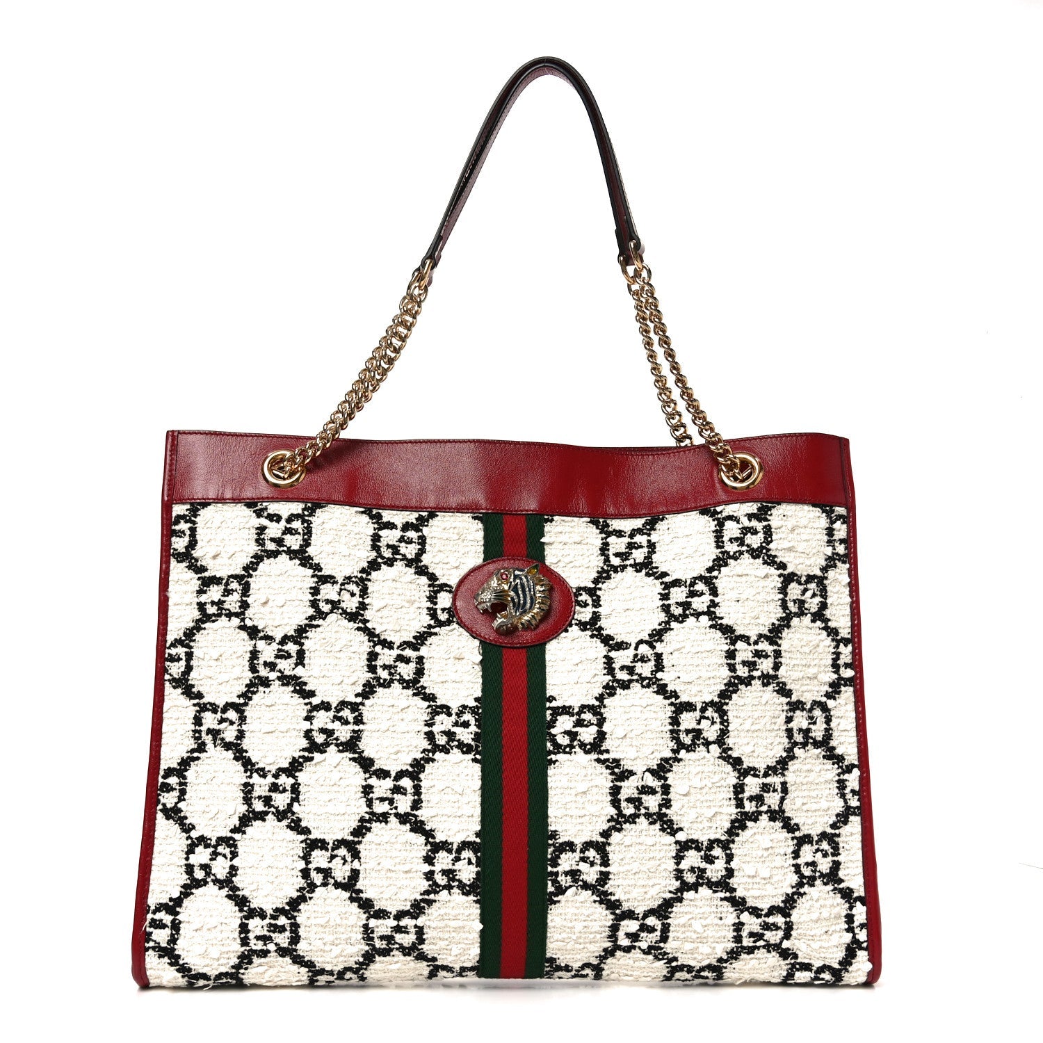Tweed GG Monogram Large Rajah Chain Tote White Black Romantic Cherry