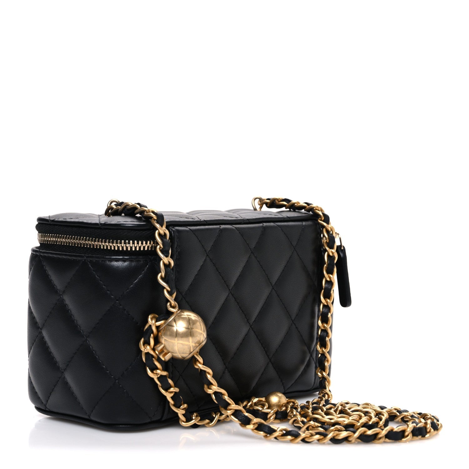 Lambskin Quilted Pearl Crush Small Vanity Case With Chain Black