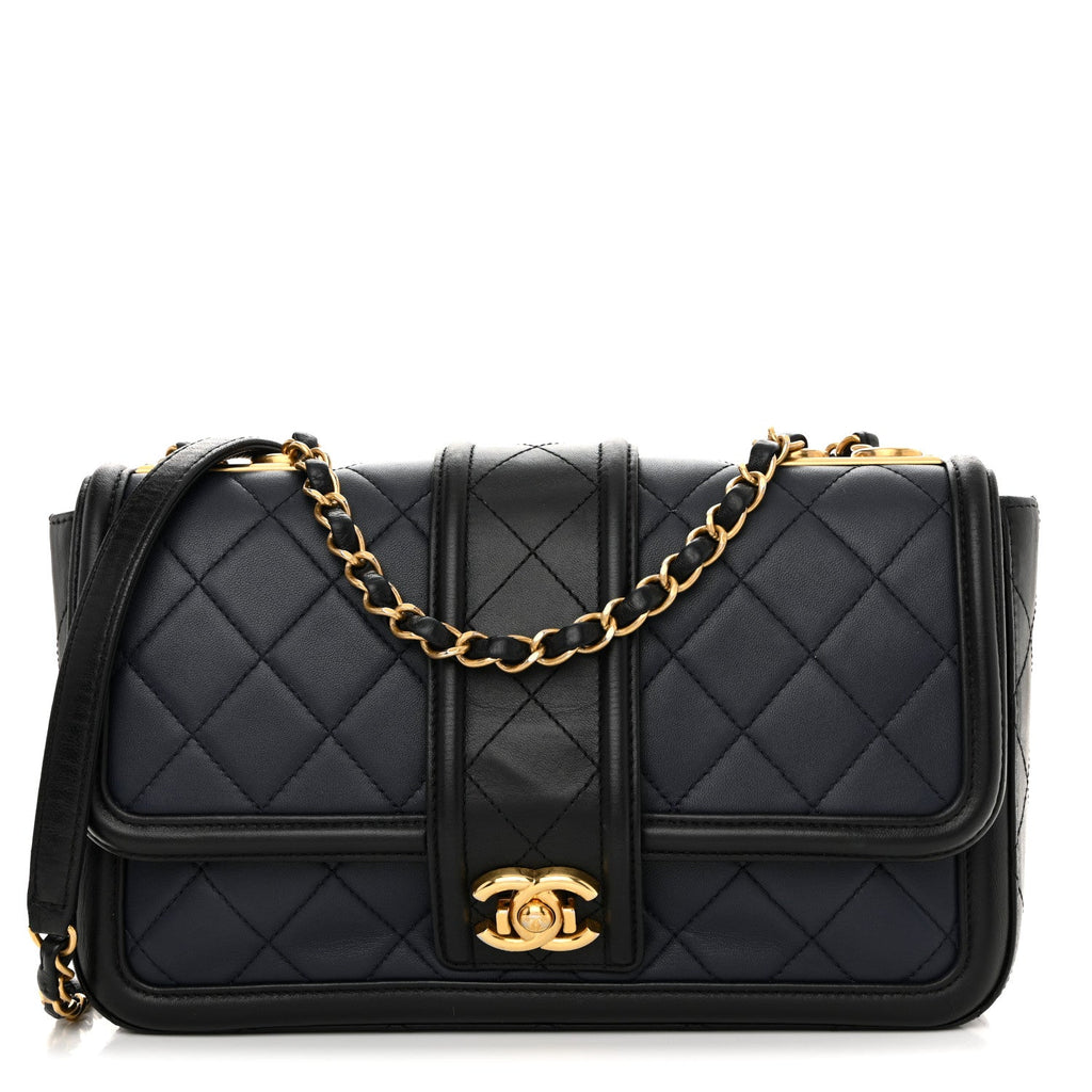 Lambskin Quilted Medium Elegant CC Flap Navy Black