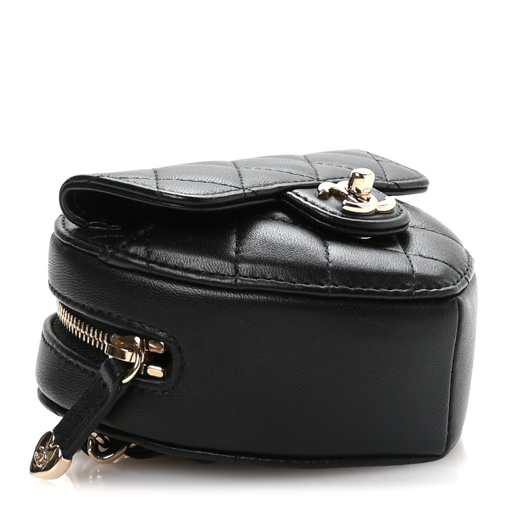Lambskin Quilted CC In Love Heart Waist Belt Bag With Chain Black