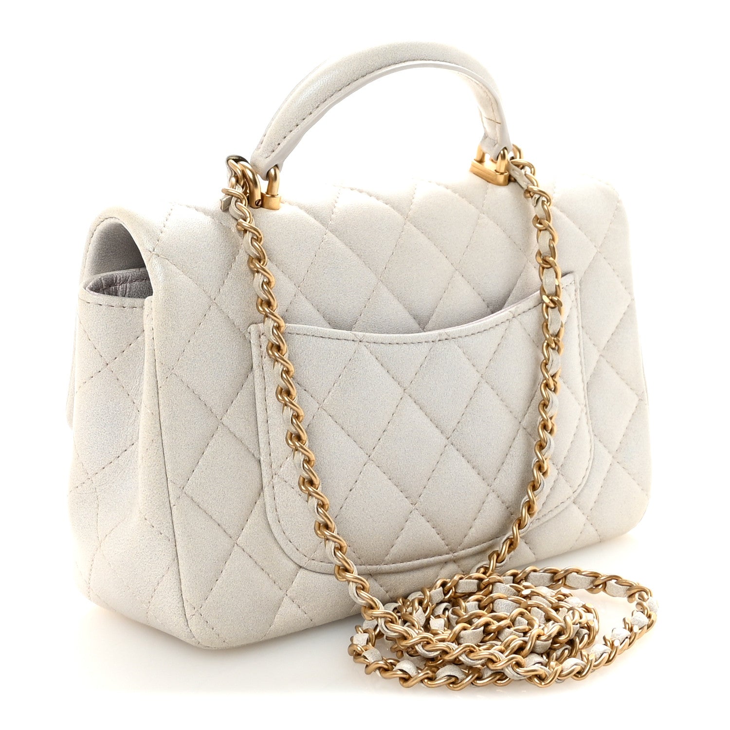 Iridescent Lambskin Quilted Mini Top Handle Rectangular Flap White