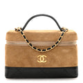 Suede Calfskin Shiny Lambskin Quilted Top Handle Slim Vanity Case With Chain Beige Black