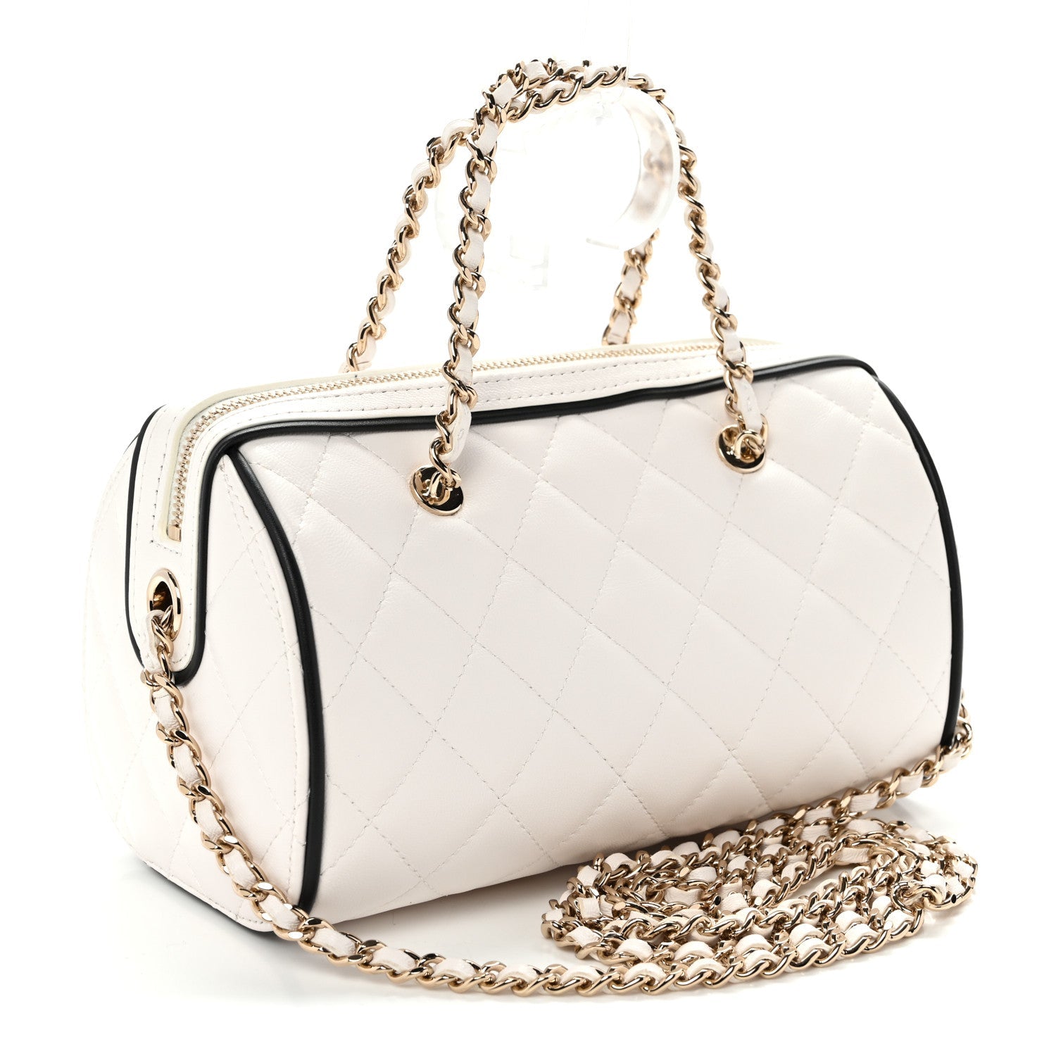 Lambskin Quilted Resin CC Mini Bowling Clutch With Chain White Black