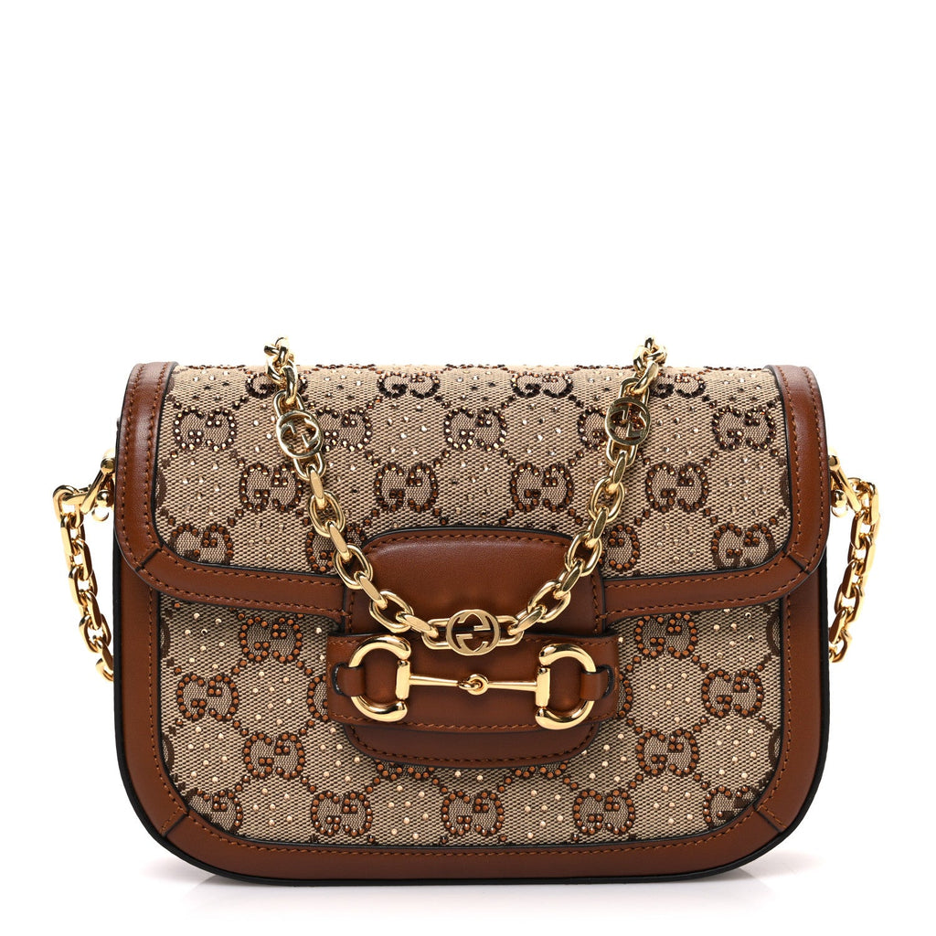 New Canvas Charisma Calfskin Crystal GG Monogram Mini Horsebit 1955 Shoulder Bag Camel Ebony