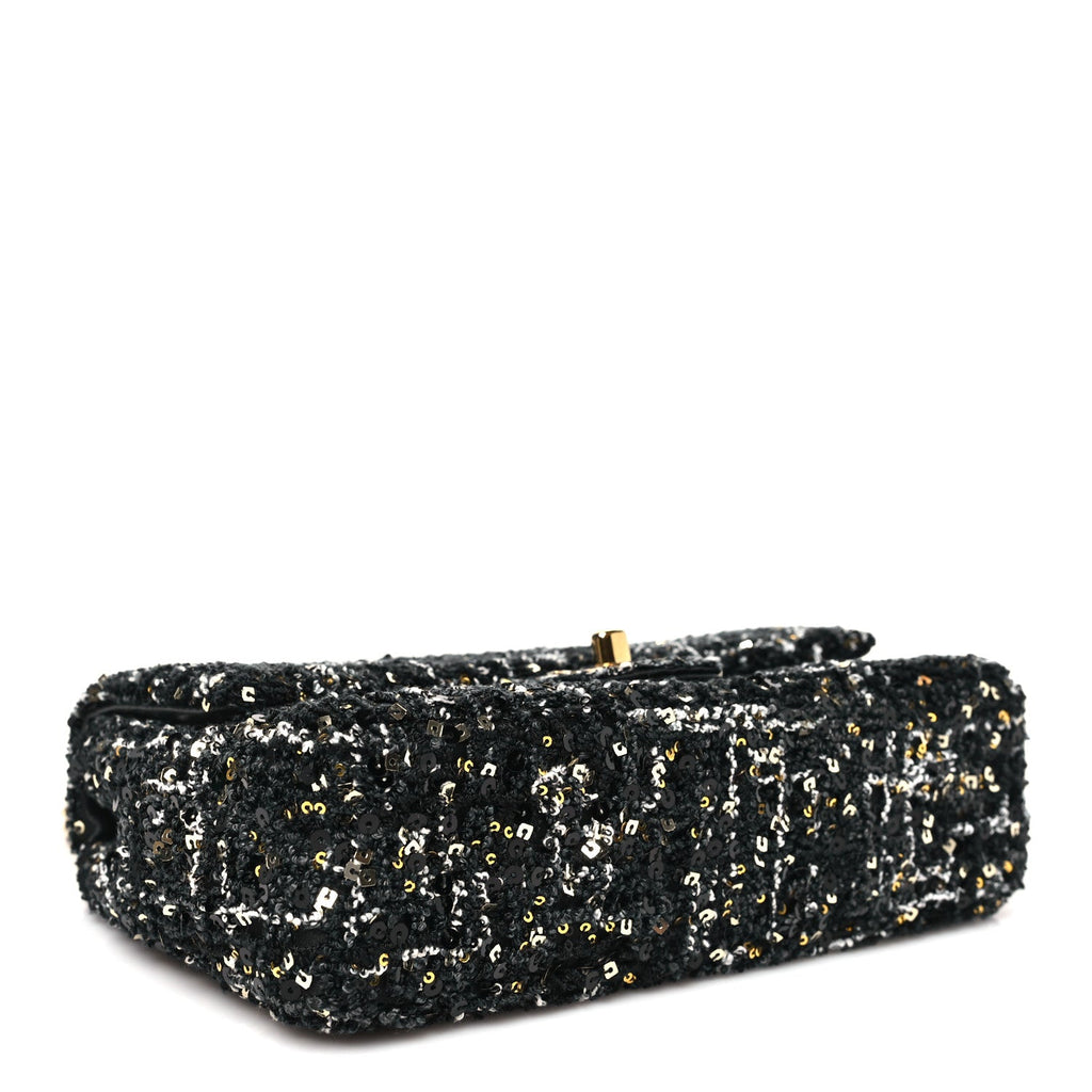 Tweed Sequin Small Single Flap Black Silvery Golden