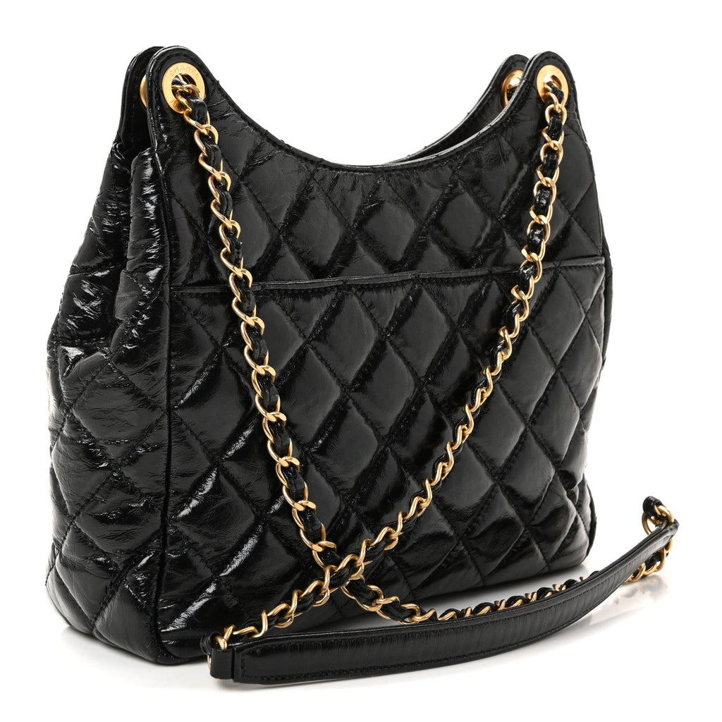 Shiny Crumpled Calfskin Quilted Wavy CC Hobo Black