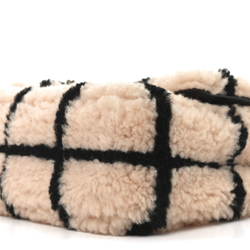 Shearling Lambskin Large Fluffy Tartan Single Flap Pink Black
